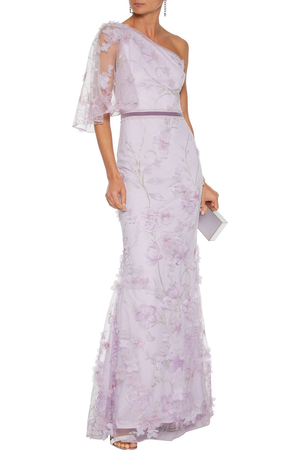 MARCHESA NOTTE One-shoulder floral-appliquéd embroidered tulle gown