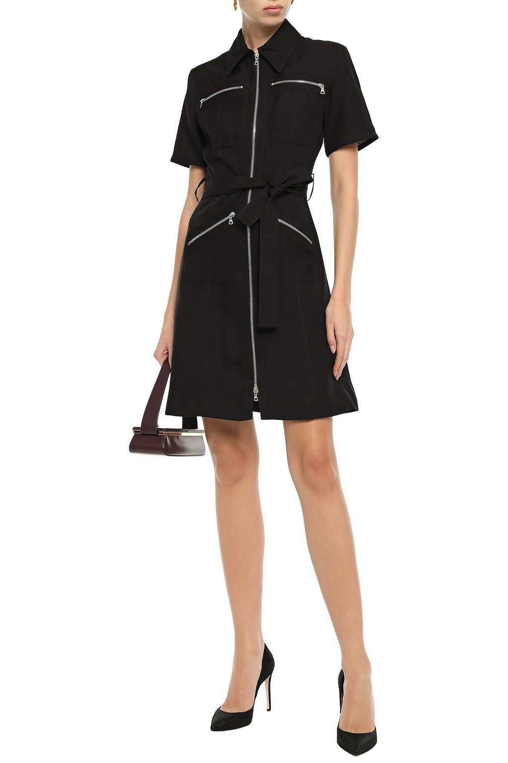 VICTORIA, VICTORIA BECKHAM Belted zip-detailed woven mini shirt dress