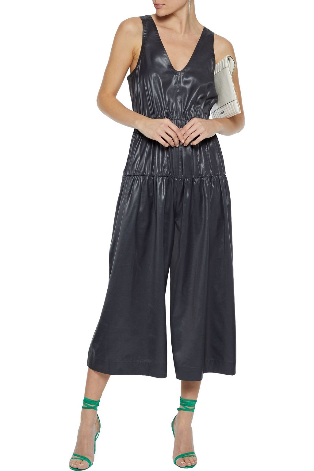 TIBI Cropped ruched coated-shell wide-leg jumpsuit