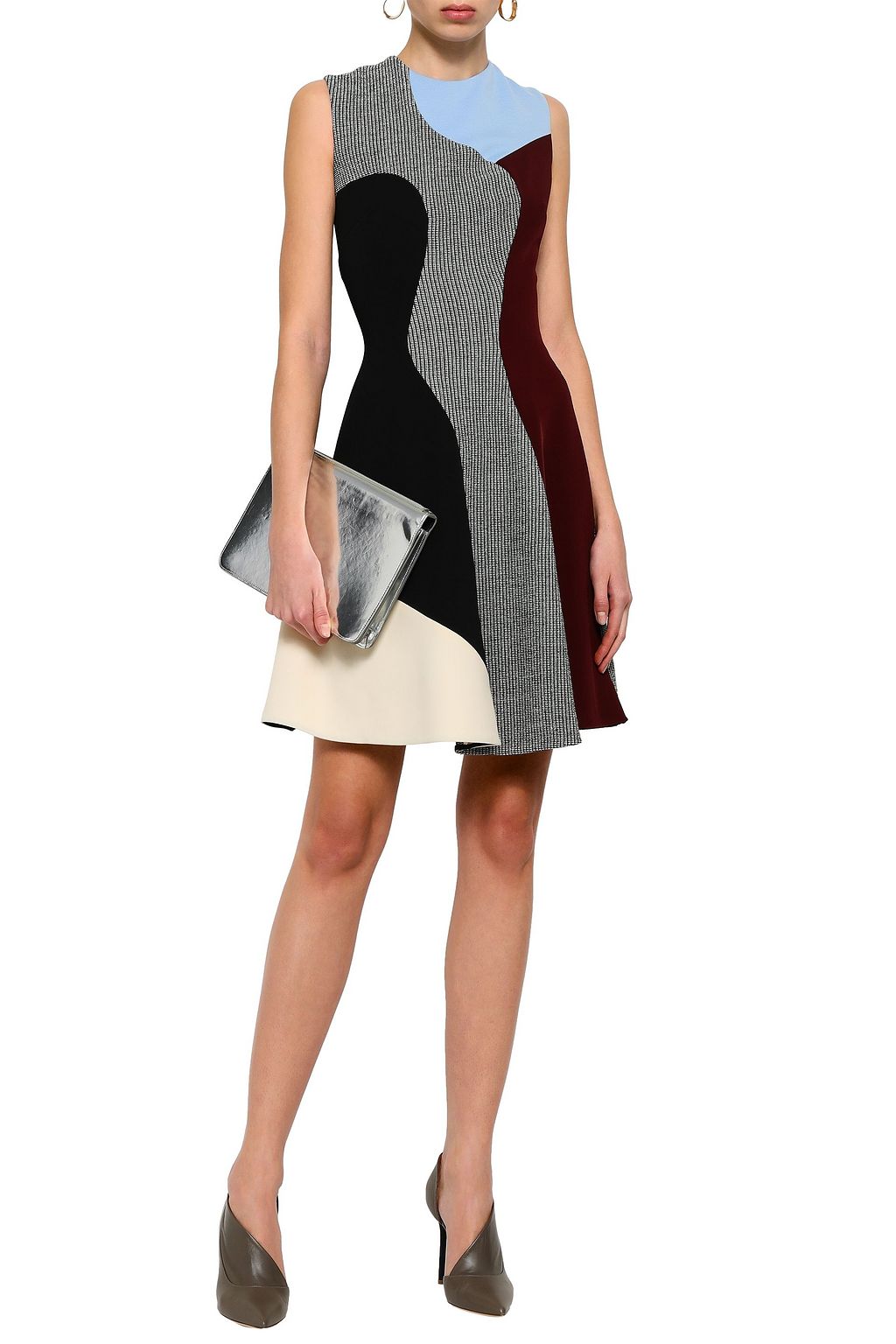 VICTORIA BECKHAM Patchwork-effect tweed and stretch-knit mini dress