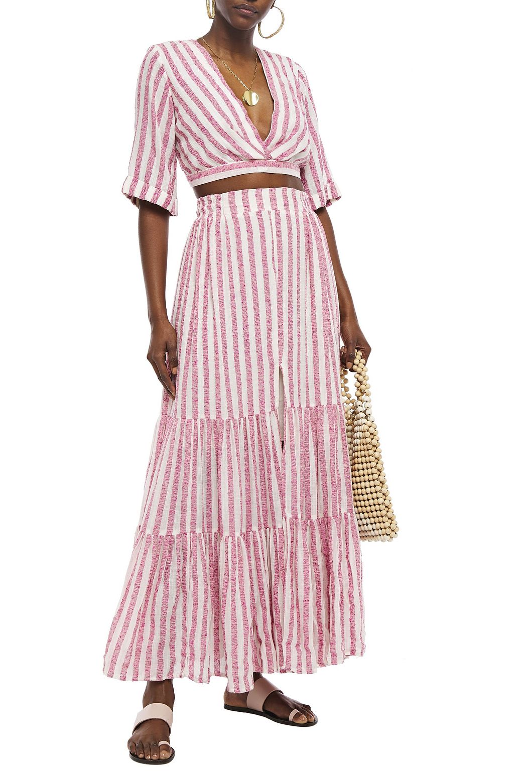 SUNDRESS Jade gathered striped cotton-blend gauze maxi skirt