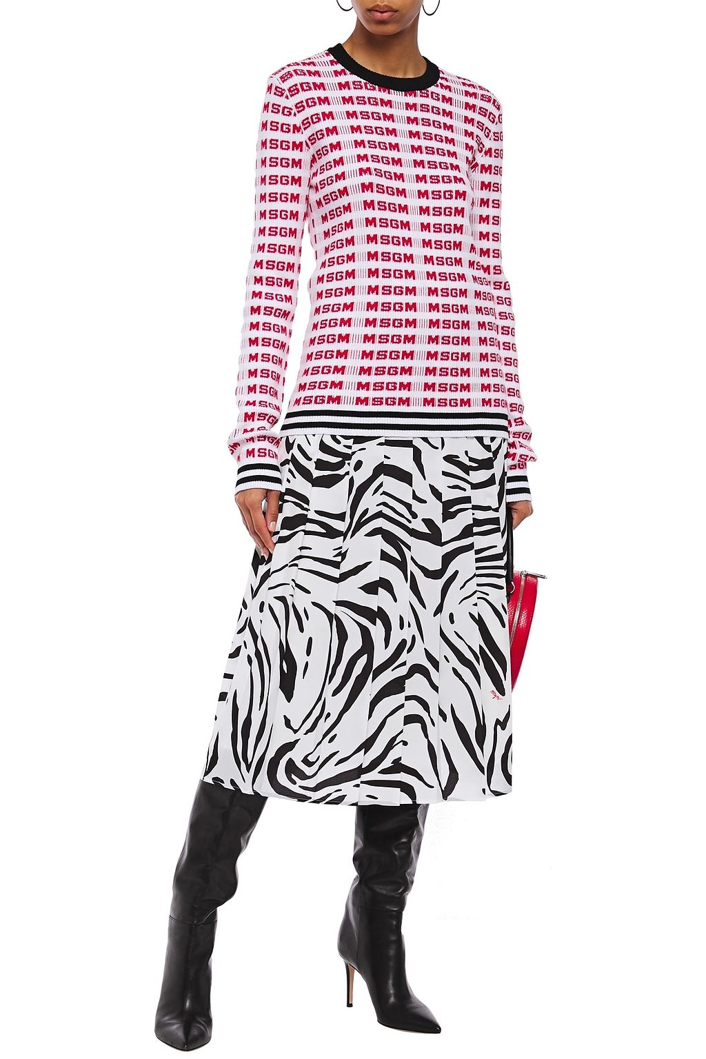 MSGM Pleated zebra-print crepe de chine midi skirt