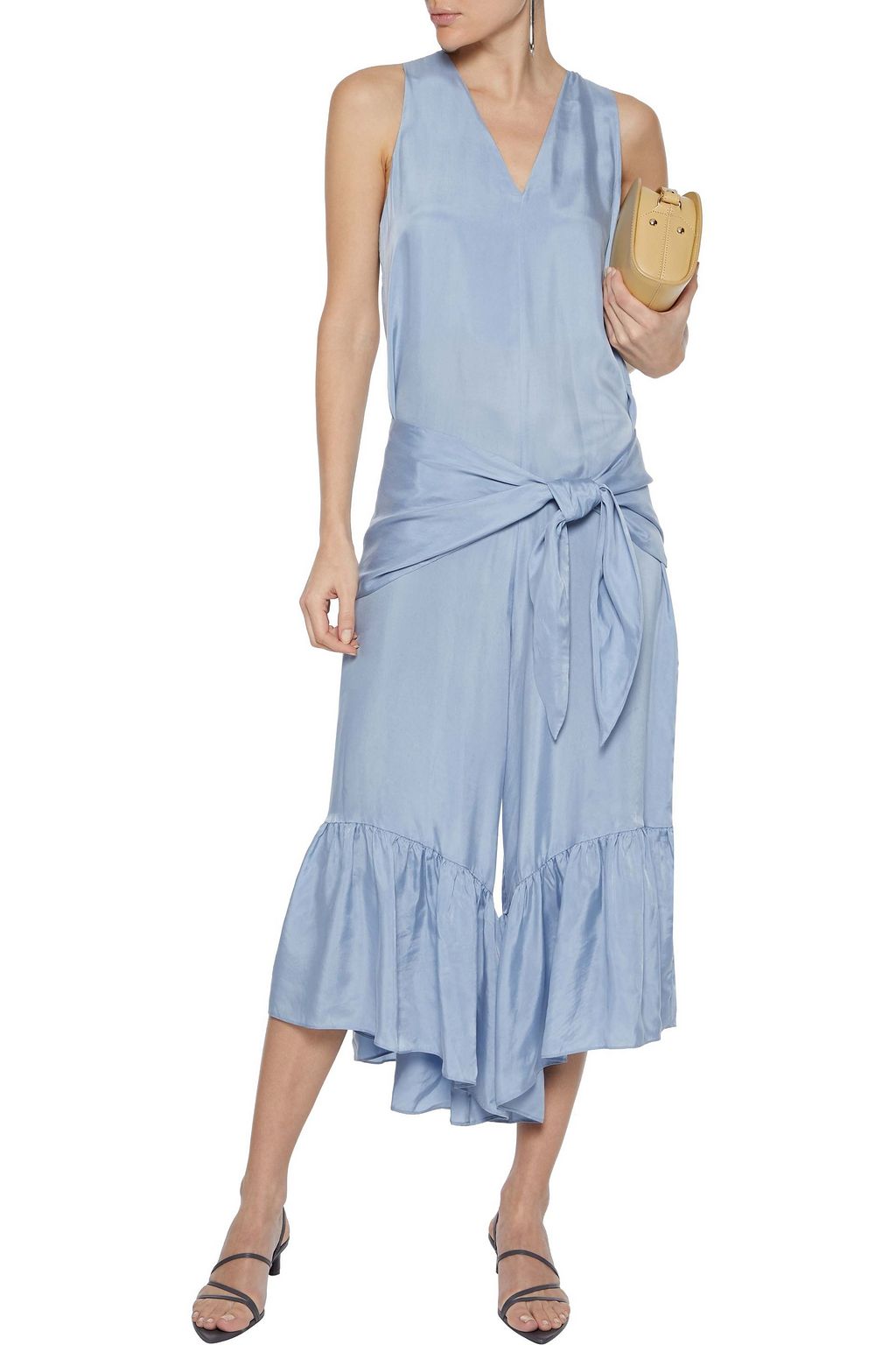 TIBI Cropped tie-front satin-twill wide-leg jumpsuit
