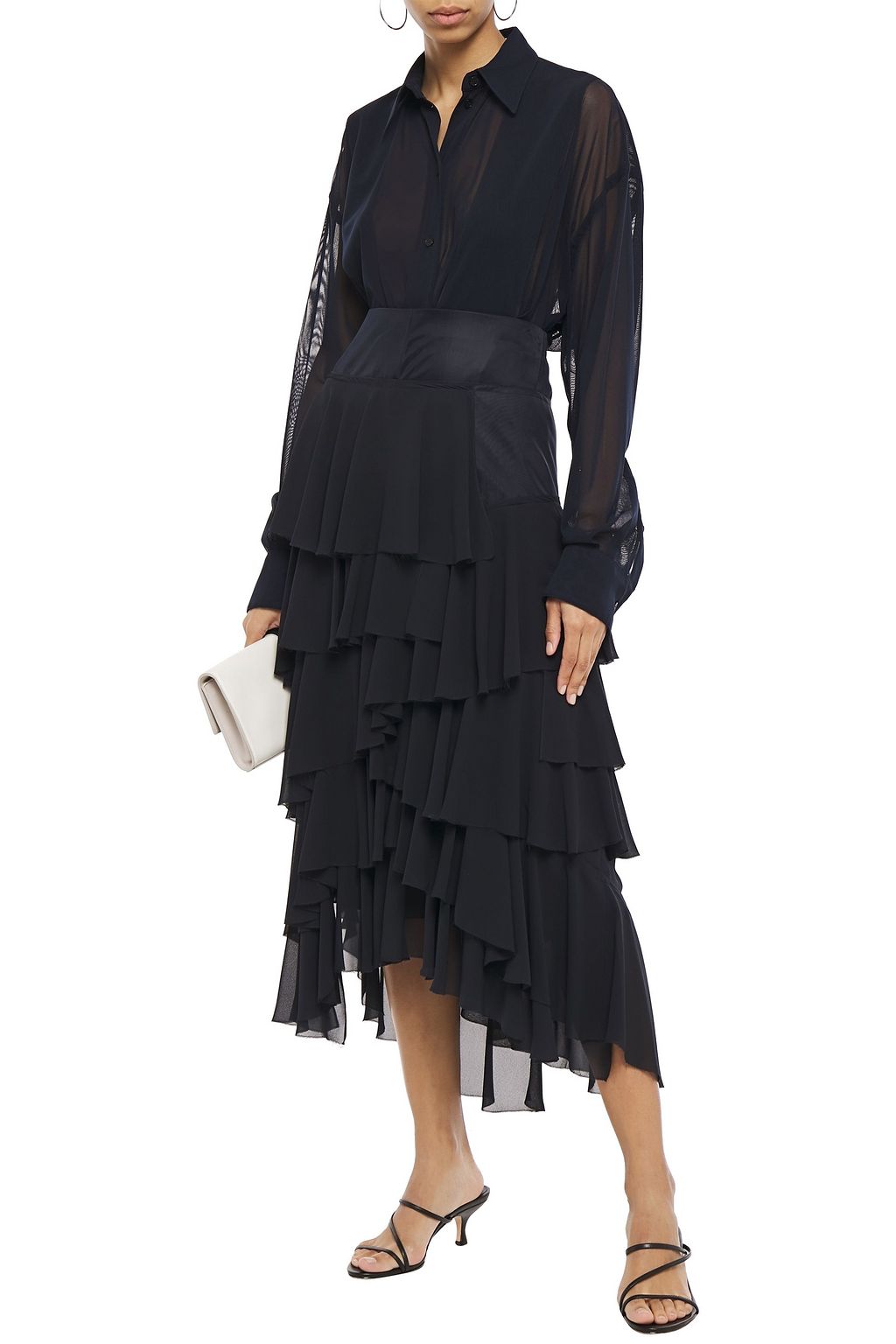 VICTORIA BECKHAM Asymmetric tiered georgette and organza midi skirt