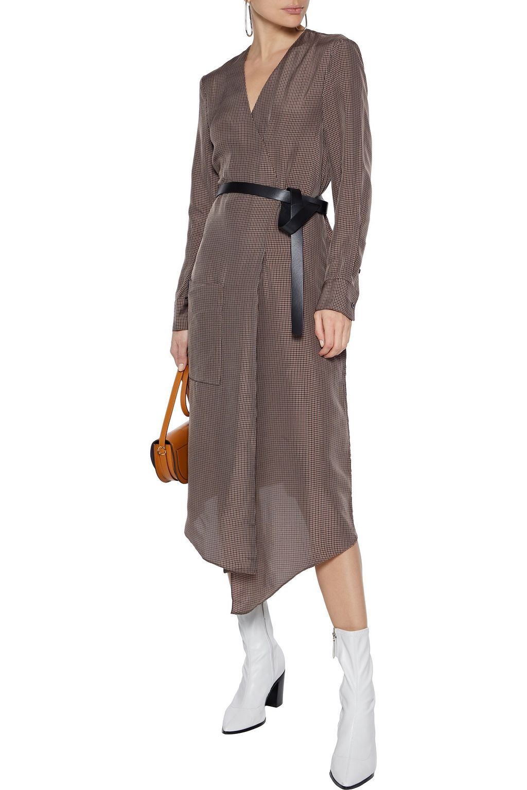 TIBI Walden wrap-effect checked satin-twill midi dress