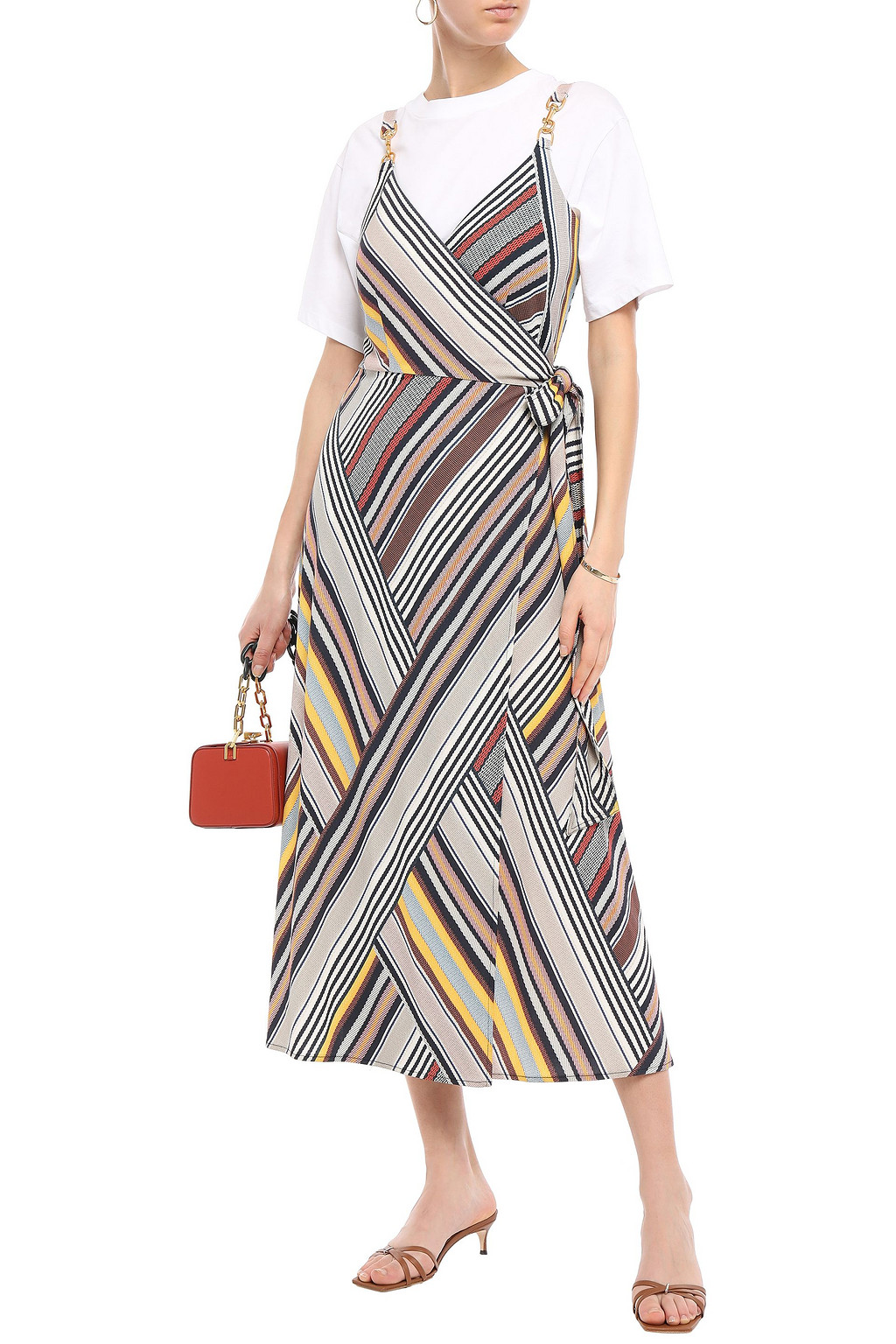 TORY BURCH Hook-embellished striped crepe-jersey midi wrap dress