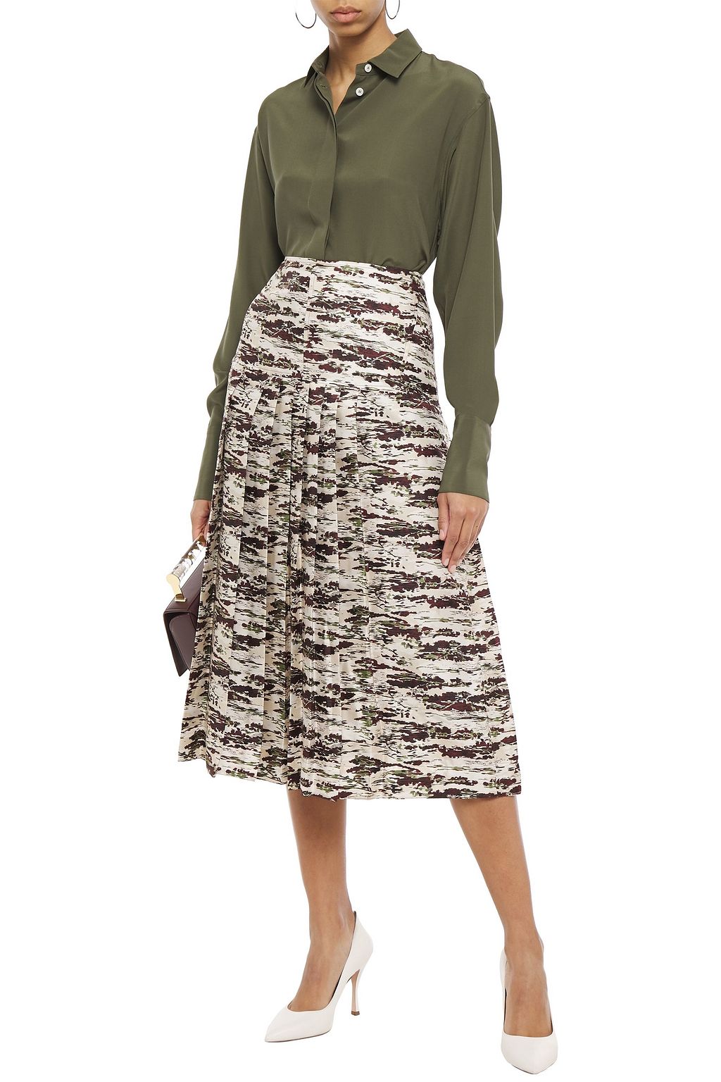 VICTORIA BECKHAM Pleated printed silk-twill midi skirt