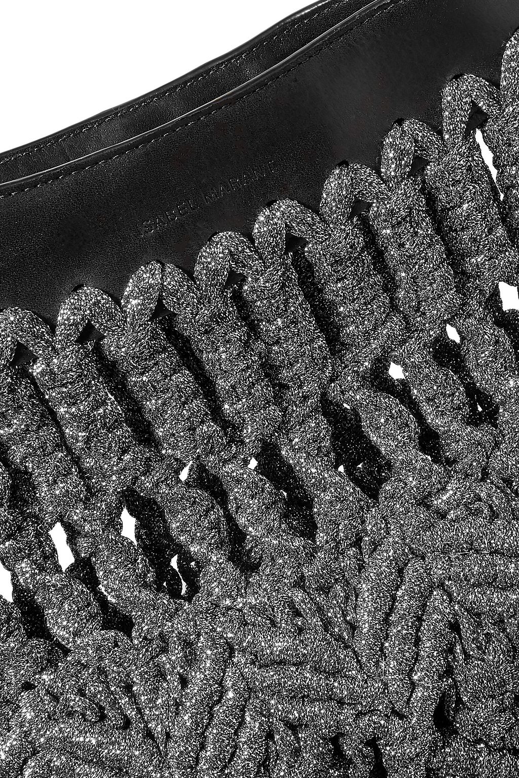 ISABEL MARANT Teomia leather-trimmed fringed metallic macramé shoulder bag