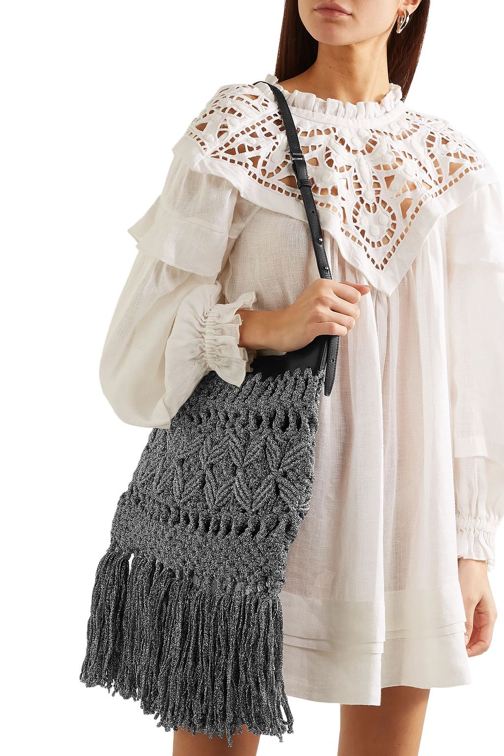 ISABEL MARANT Teomia leather-trimmed fringed metallic macramé shoulder bag