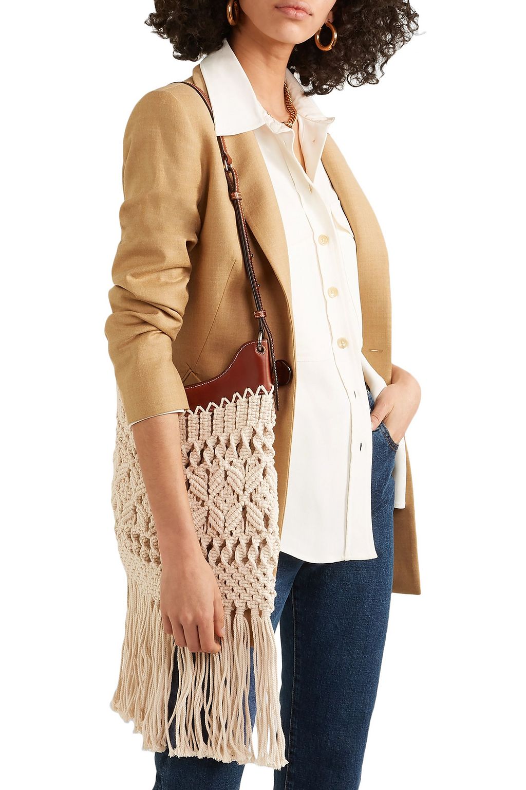ISABEL MARANT Teomia leather-trimmed fringed macramé shoulder bag