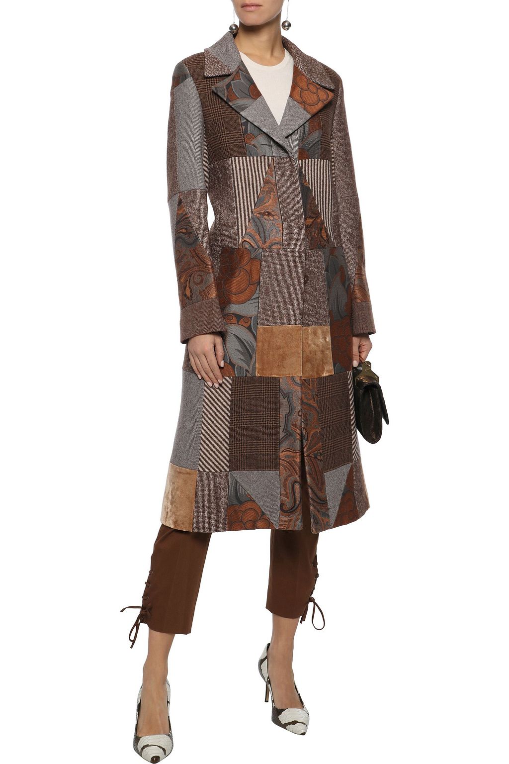 ETRO Patchwork wool-blend jacquard, velvet and tweed coat