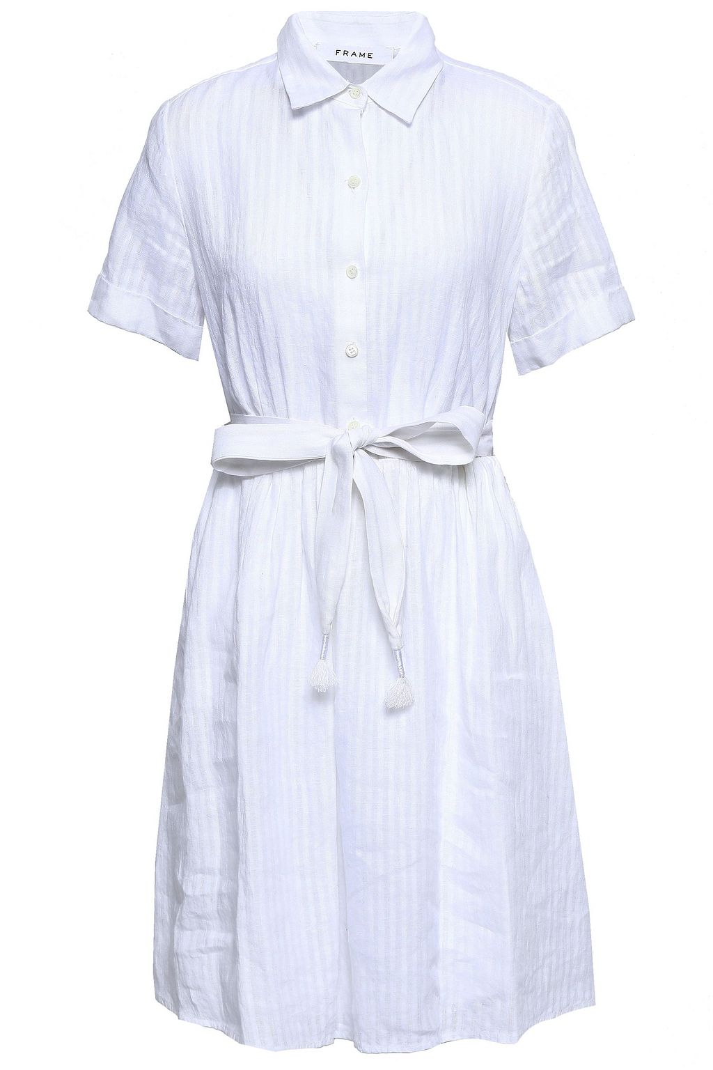 white linen belted dress