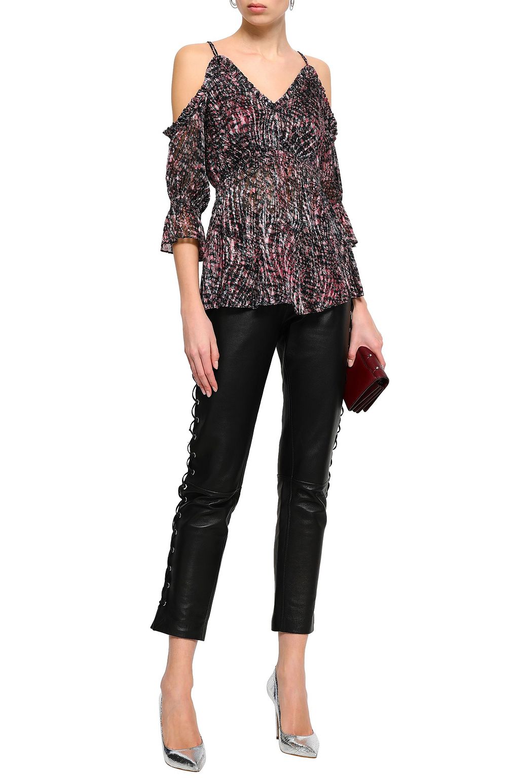 IRO Eldan cold-shoulder printed devoré-chiffon top