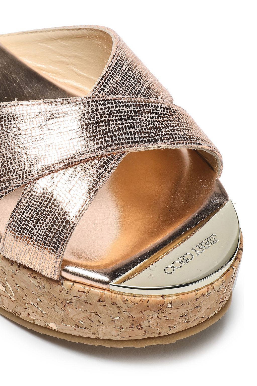 JIMMY CHOO Metallic snake-effect leather wedge sandals