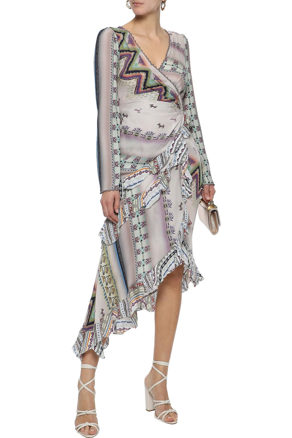 ETRO فستان متوسط الطول غير متماثل من الحرير مطبع برسومات ومزين بالخرز