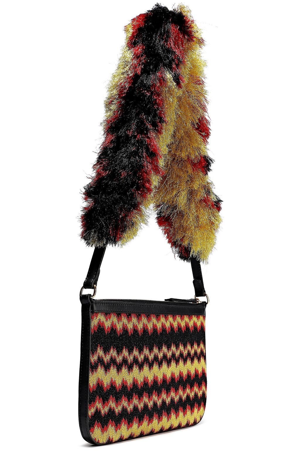 MISSONI Leather-trimmed metallic crochet-knit pouch