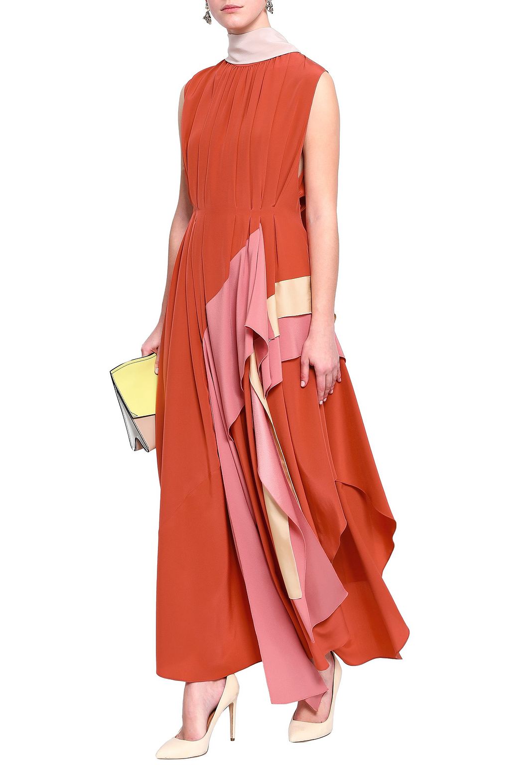 ROKSANDA Pleated crepe de chine-paneled silk maxi dress