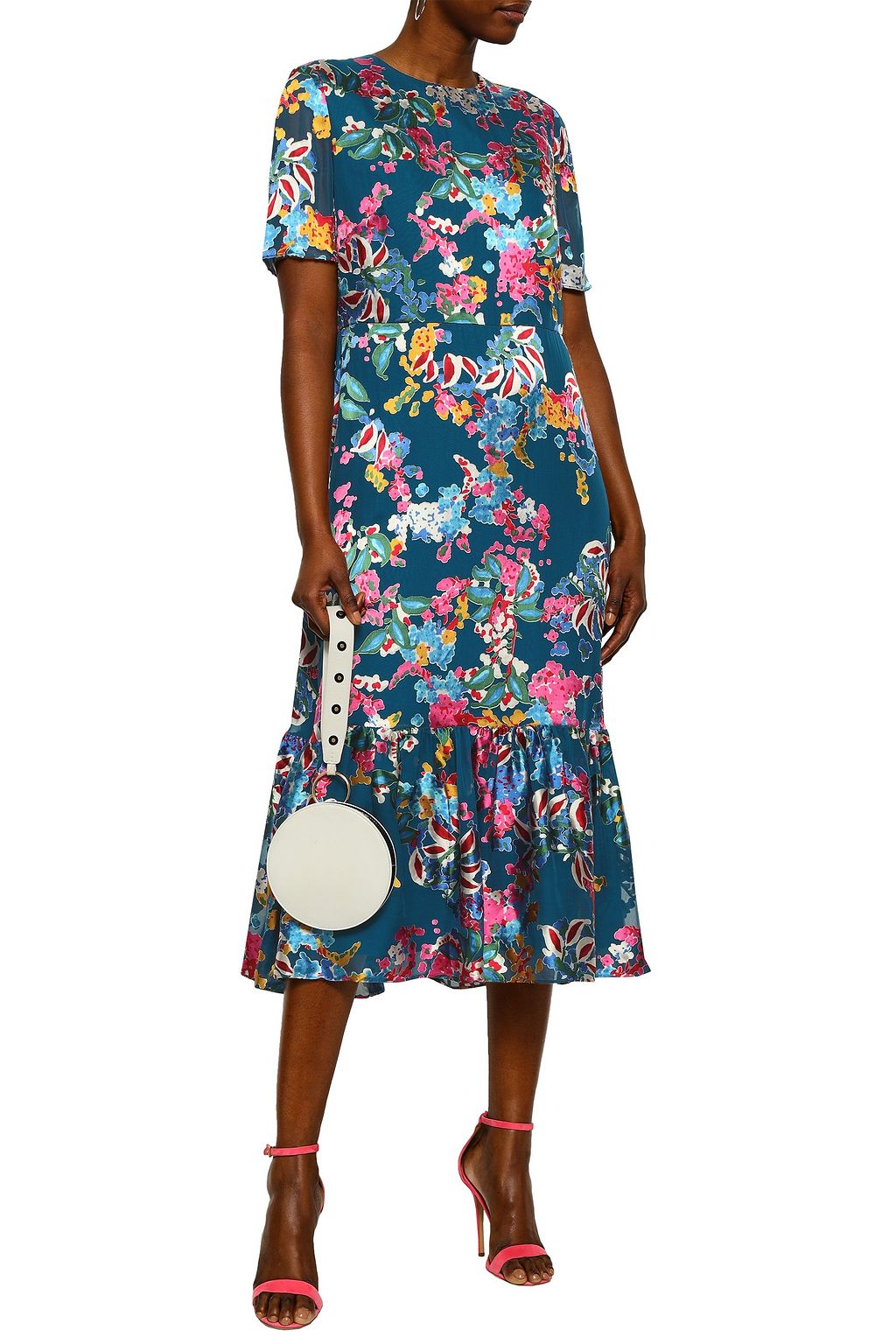 SALONI Printed devoré-chiffon midi dress
