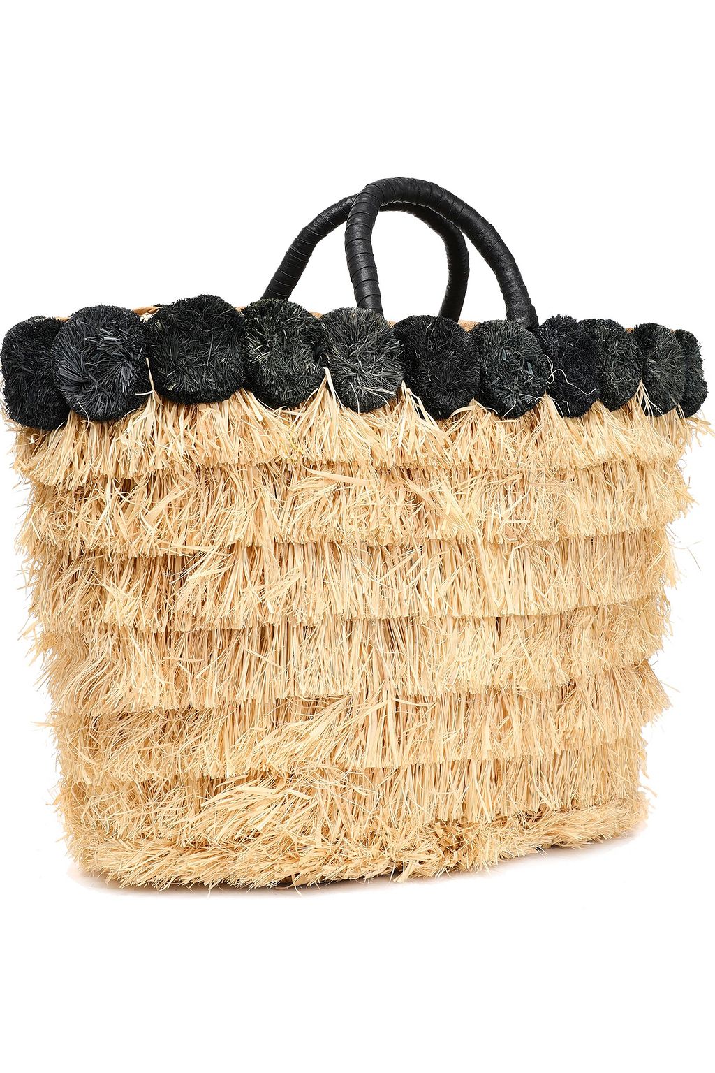 KAYU Lucca pompom-embellished fringed straw tote