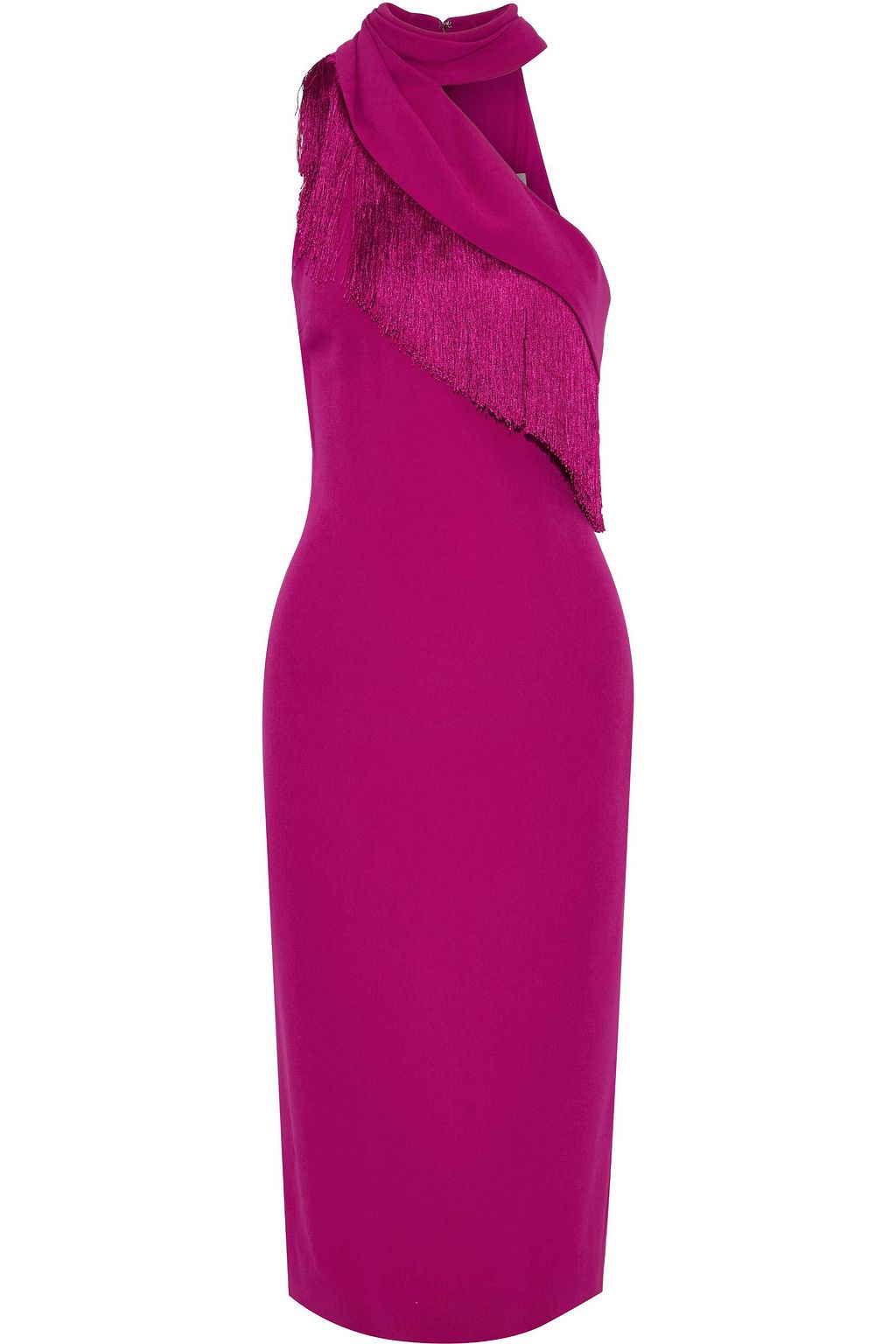 one shoulder fringe midi dress in pink