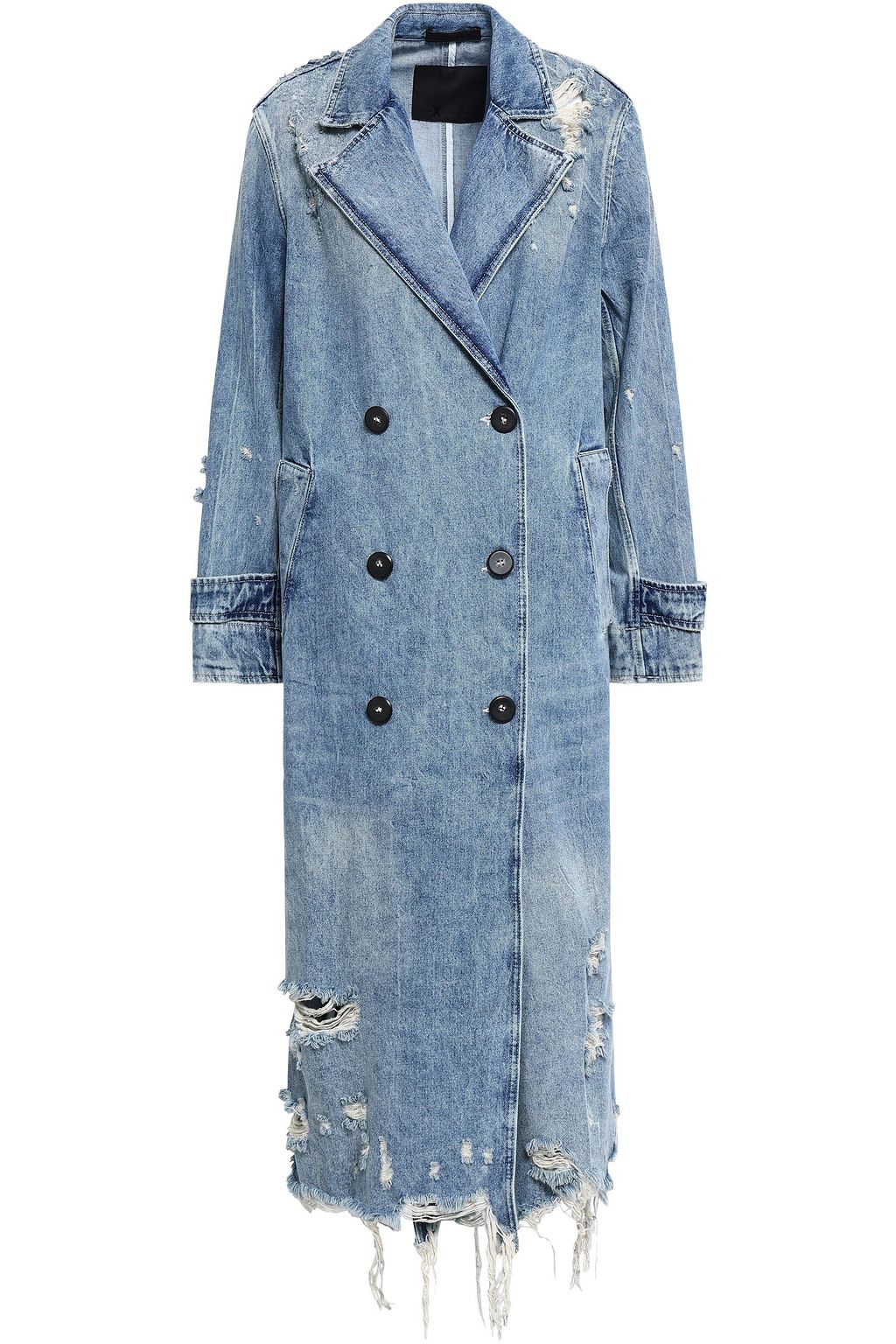 distressed denim trench coat