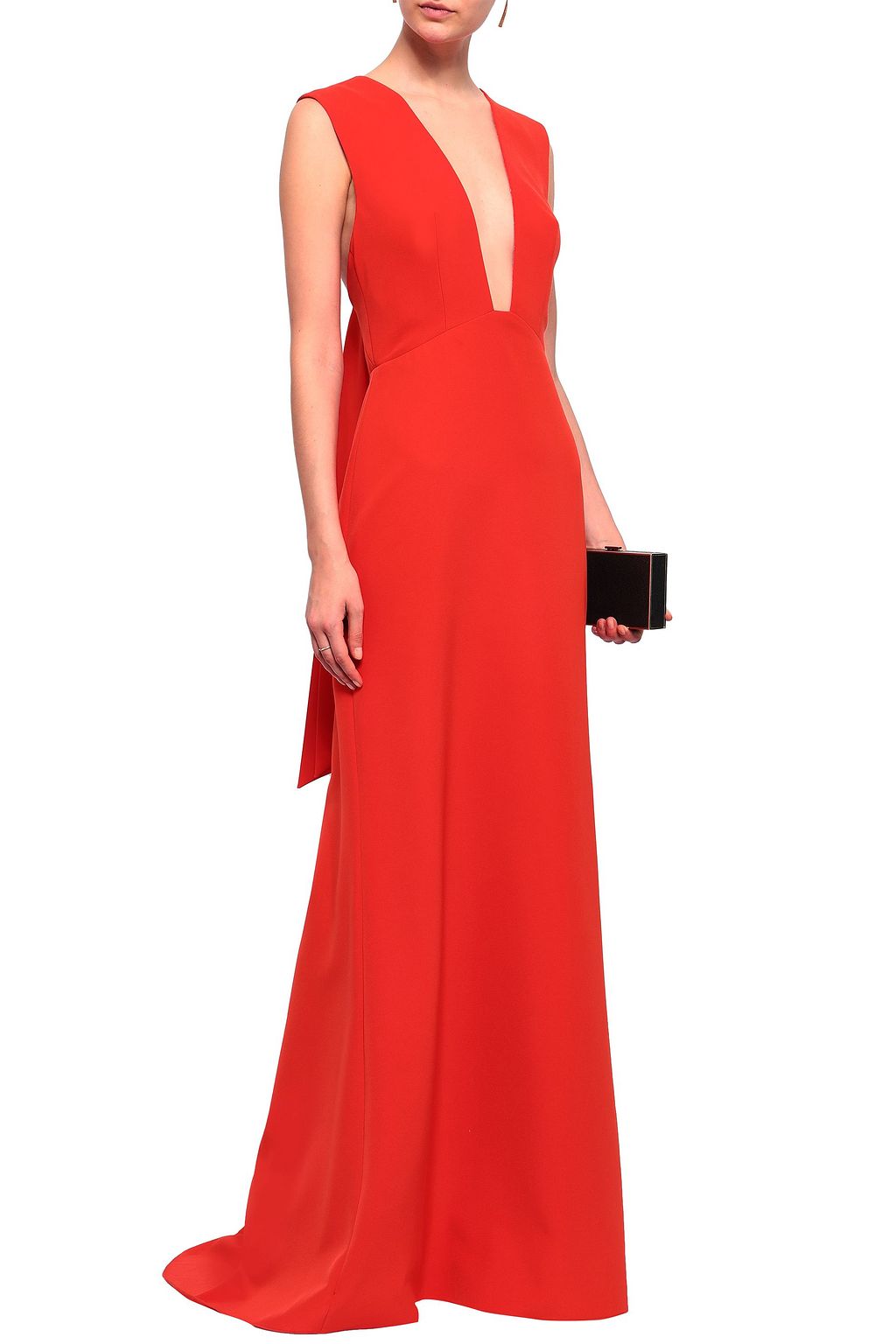 MONIQUE LHUILLIER Bow-detailed tulle-paneled crepe gown
