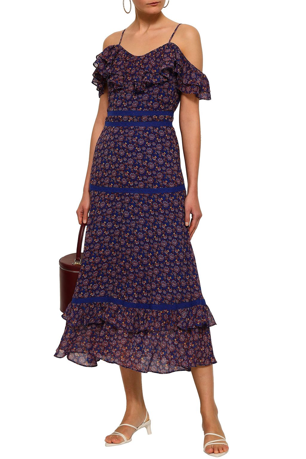 REBECCA MINKOFF Cold-shoulder floral-print crepe midi dress