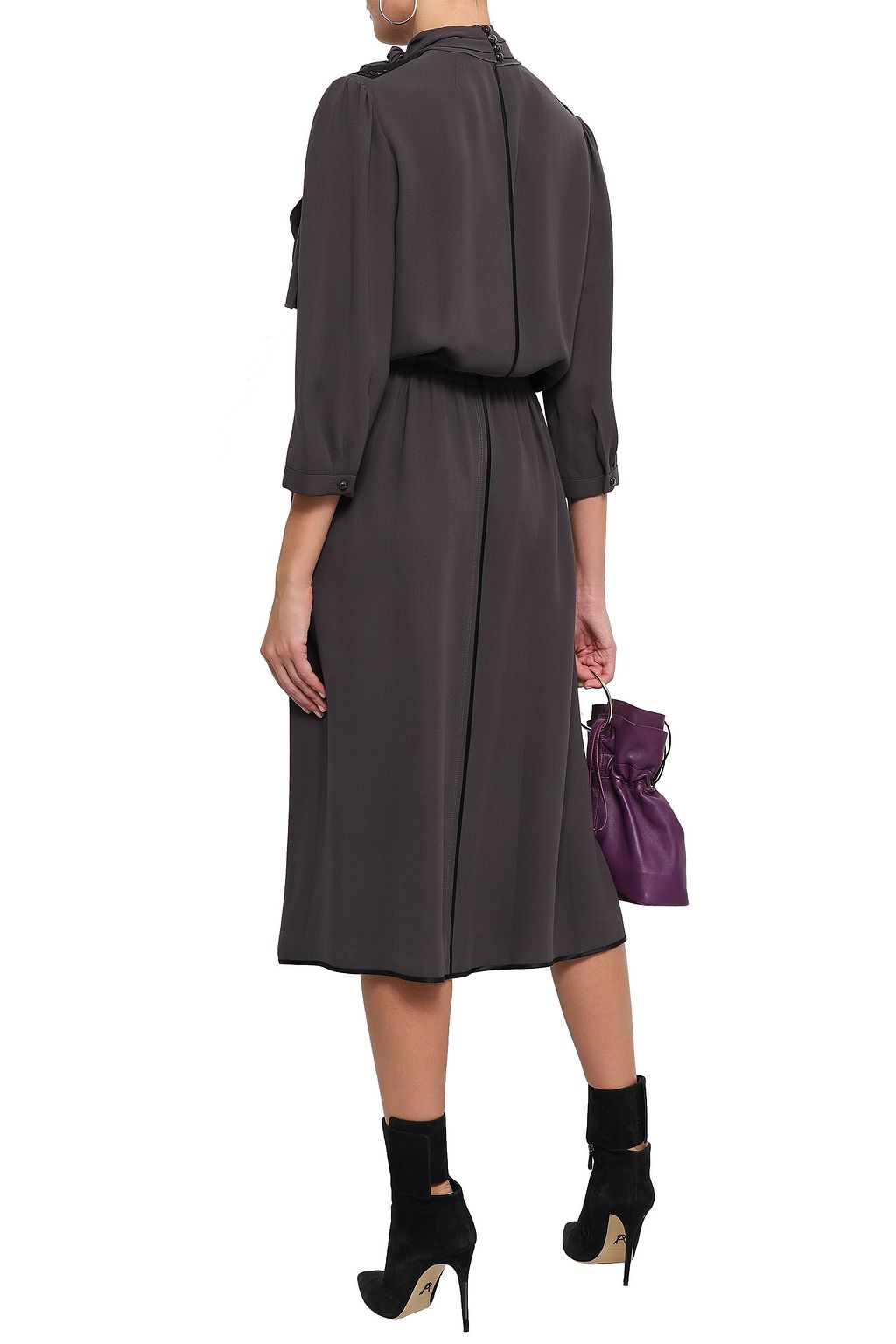 MARC JACOBS Pussy-bow lace-paneled silk-crepe midi dress
