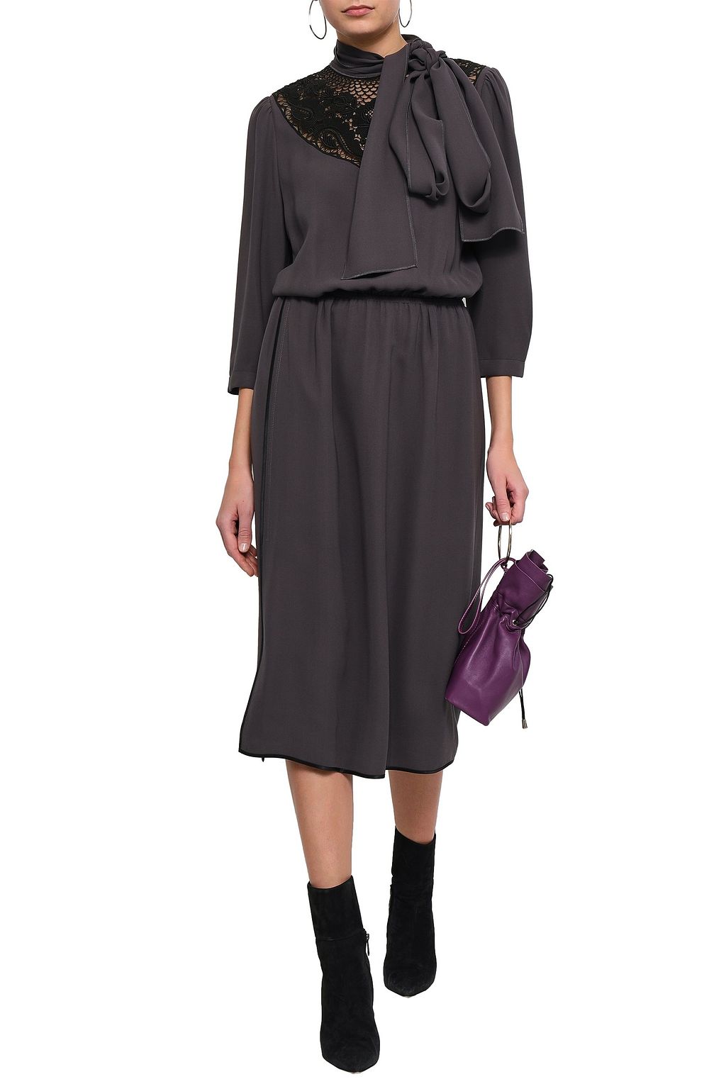 MARC JACOBS Pussy-bow lace-paneled silk-crepe midi dress