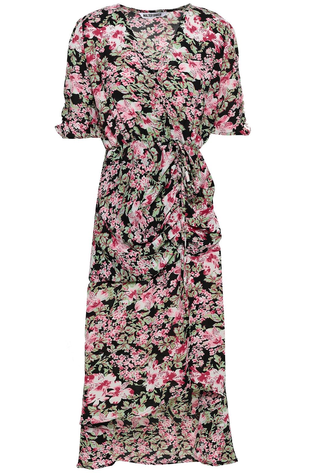 floral ruched chiffon faux wrap dress