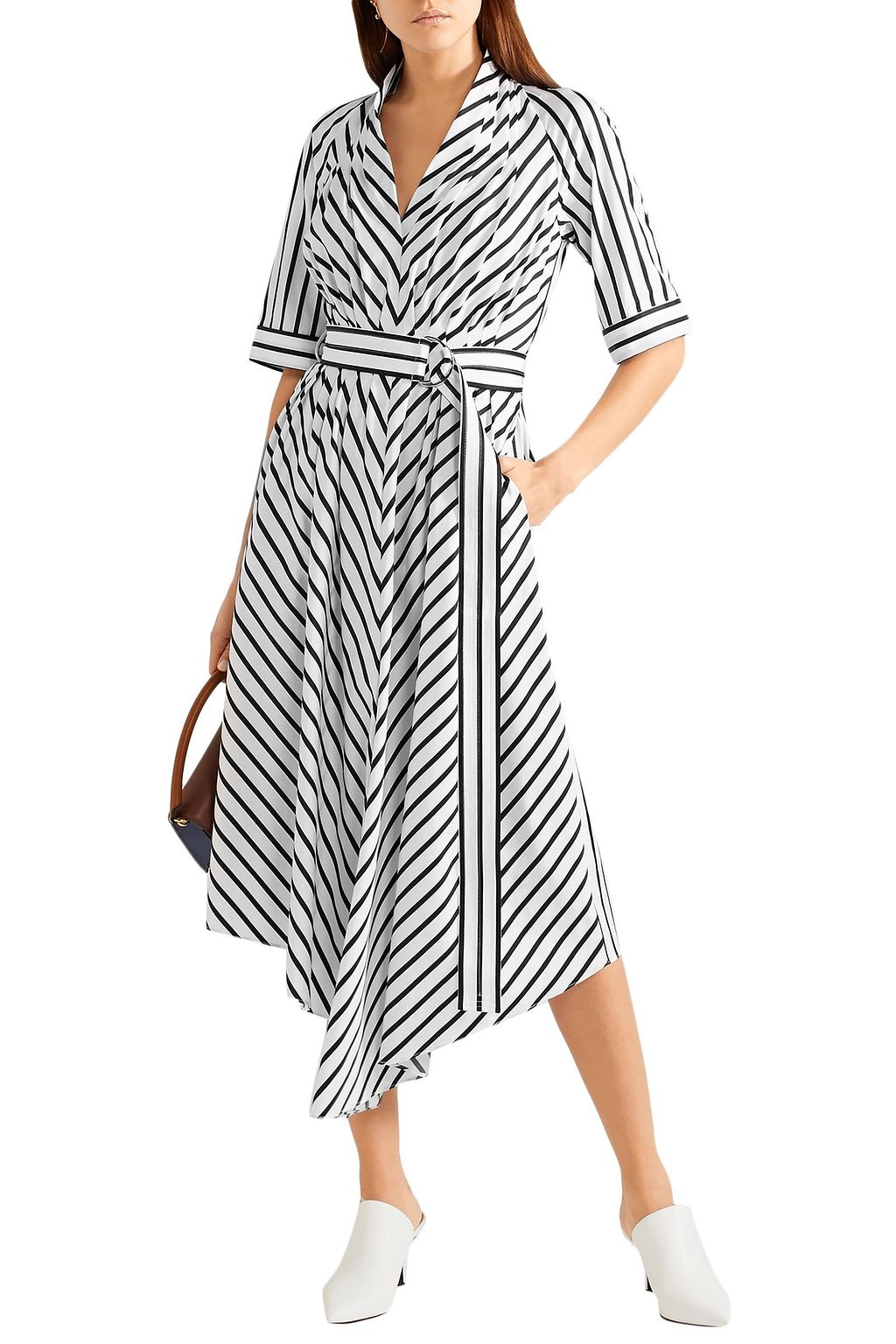 ADAM LIPPES Asymmetric pleated striped cotton-poplin midi dress