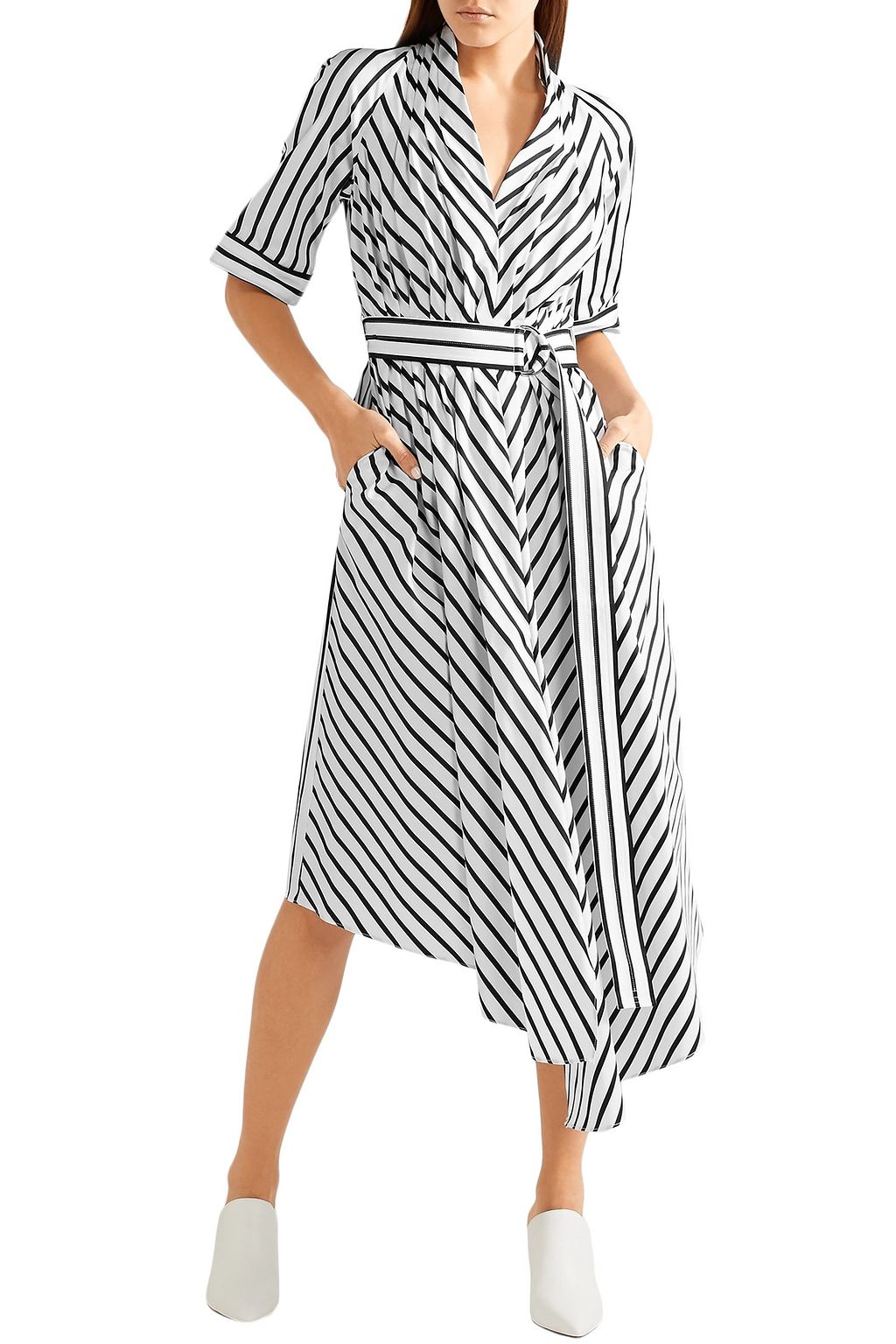 ADAM LIPPES Asymmetric pleated striped cotton-poplin midi dress