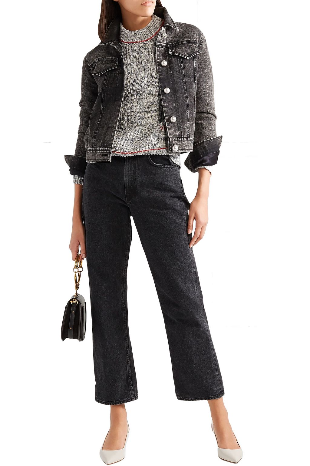 ADAM LIPPES Faux pearl-embellished stretch-denim jacket