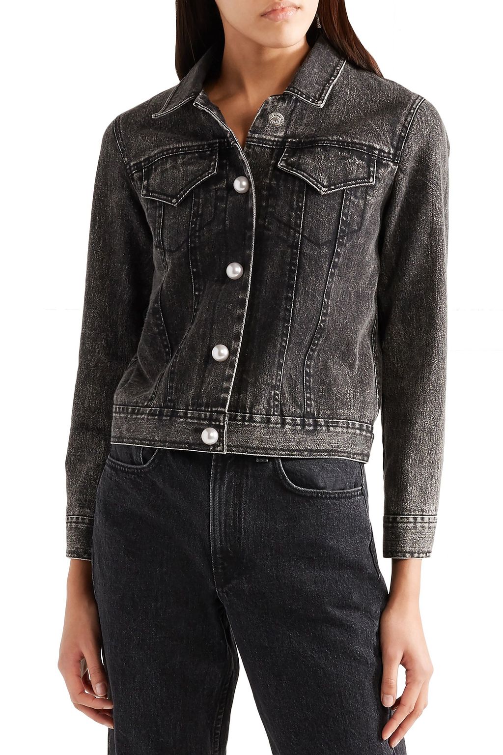 ADAM LIPPES Faux pearl-embellished stretch-denim jacket