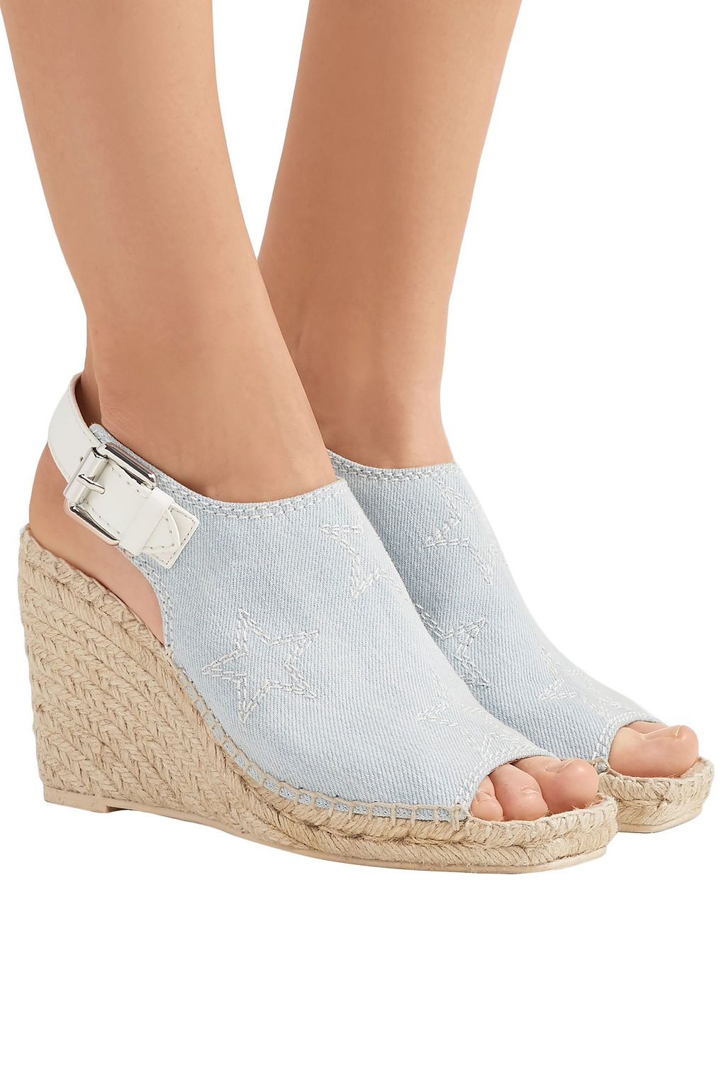 STELLA MCCARTNEY Embroidered denim wedge espadrille sandals