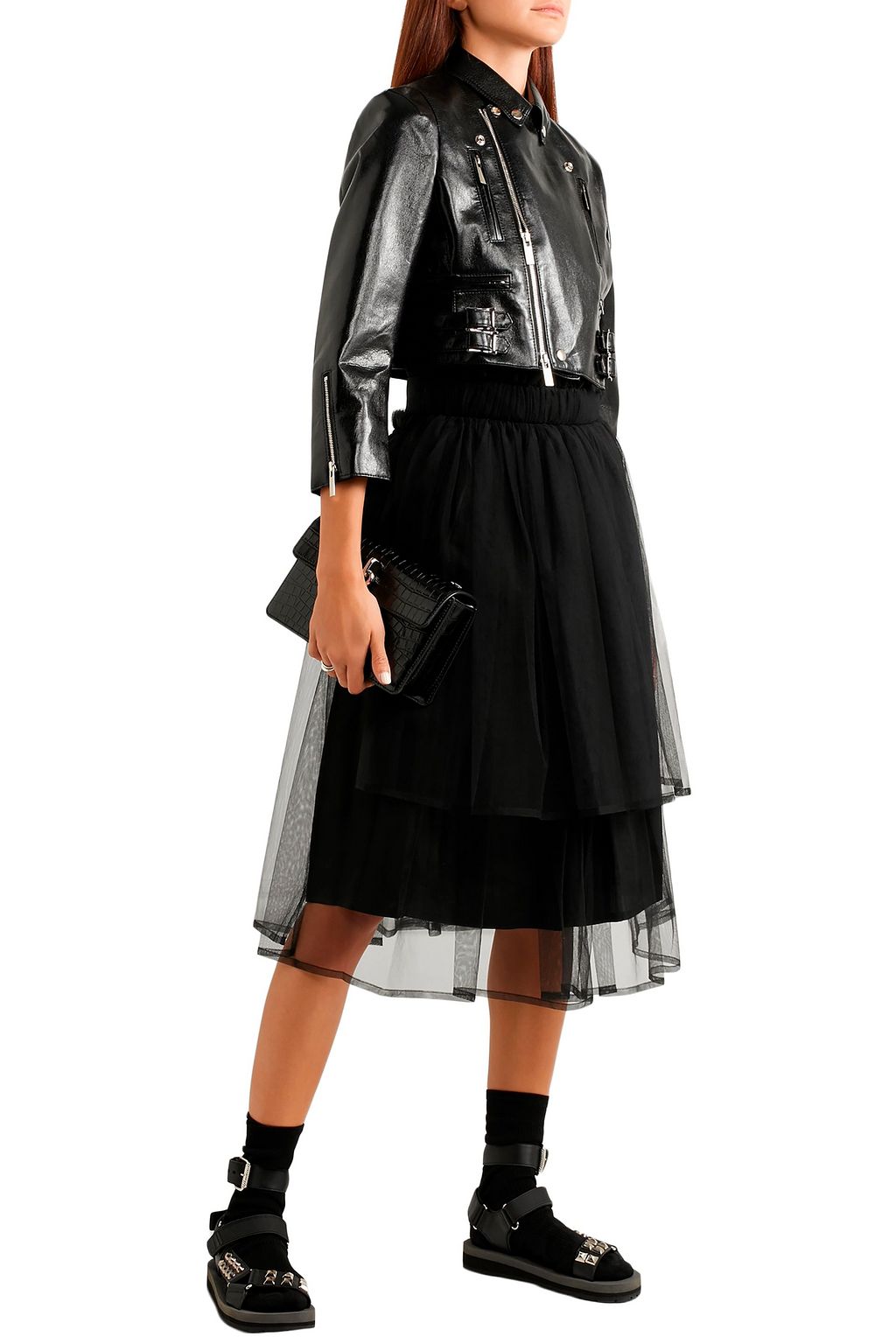 NOIR KEI NINOMIYA Cropped faux glossed-leather biker jacket