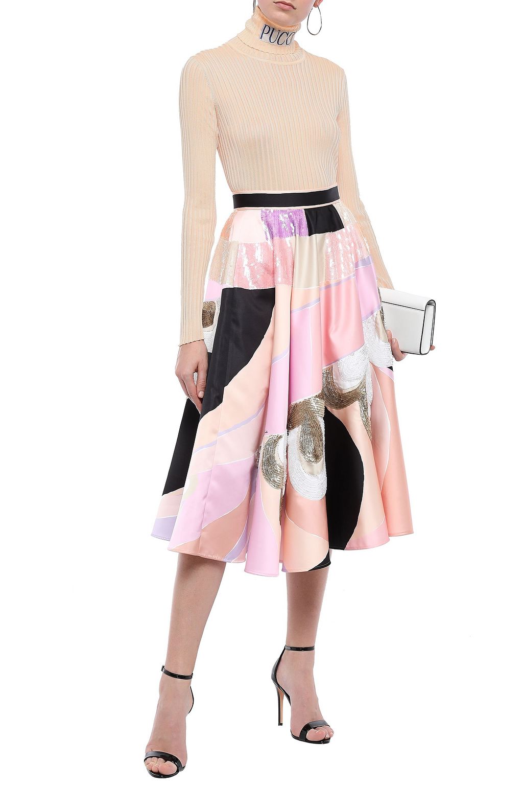PUCCI Flared embellished printed satin skirt