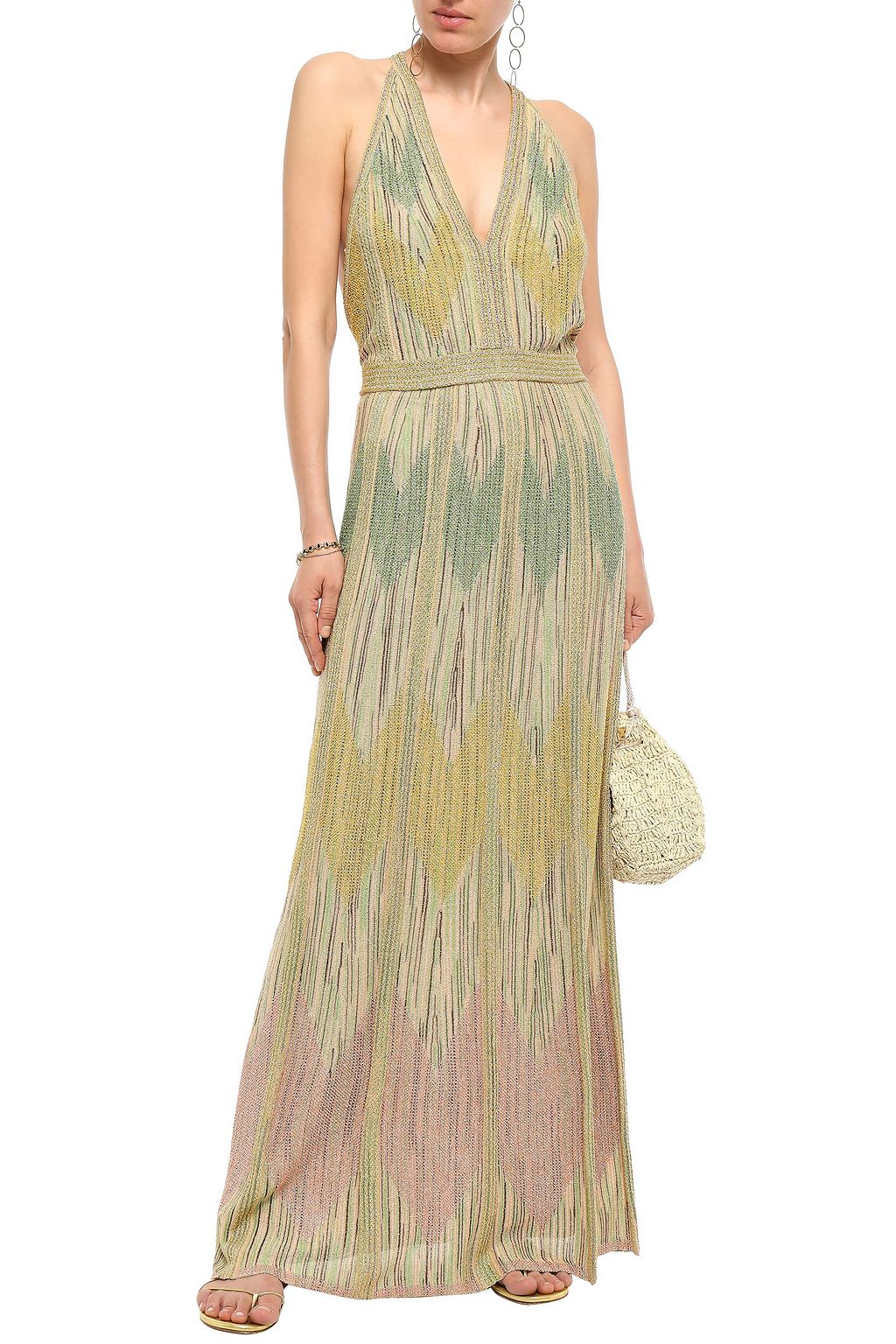 M MISSONI Open-back metallic crochet-knit gown