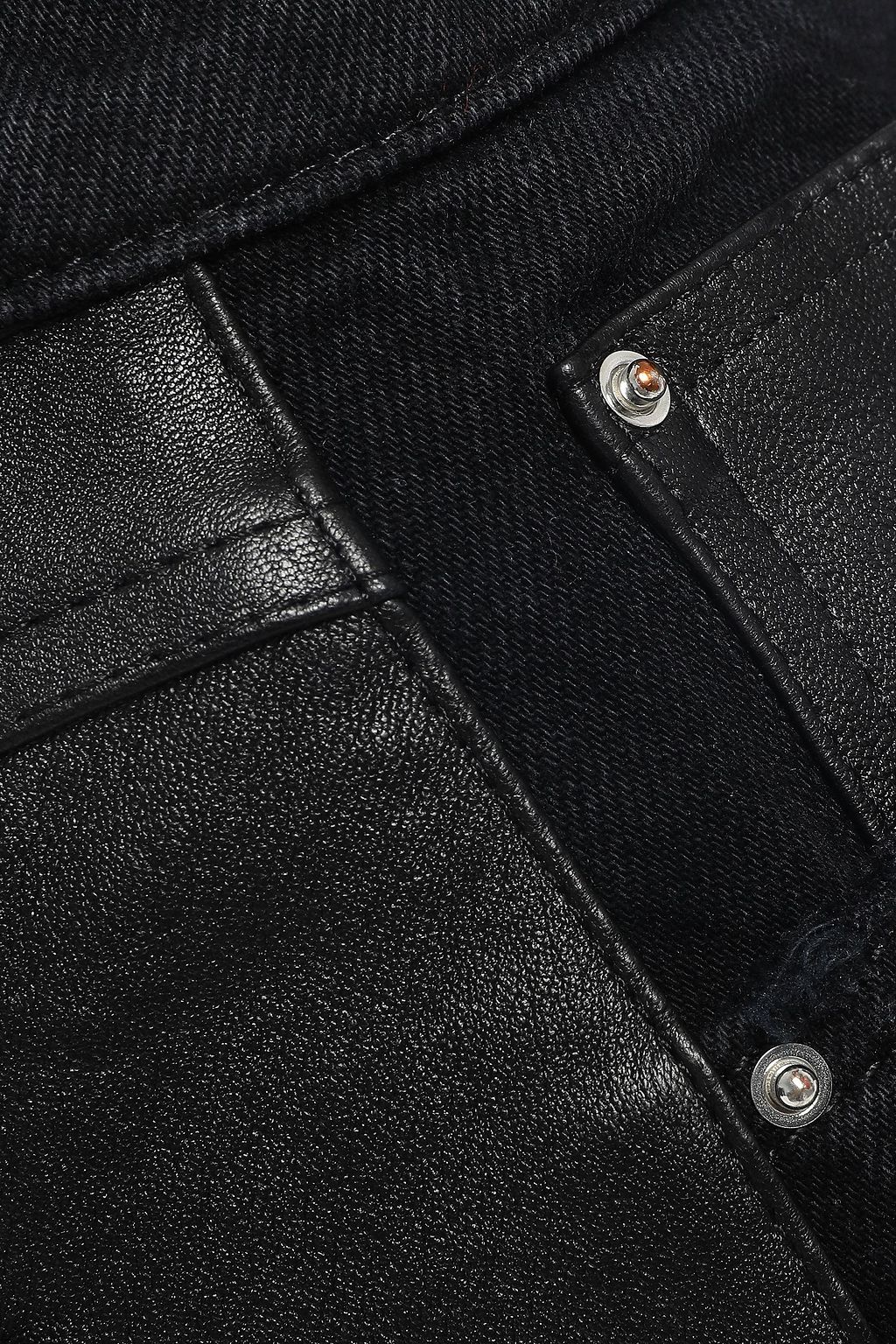 AMIRI Distressed leather-paneled denim mini skirt