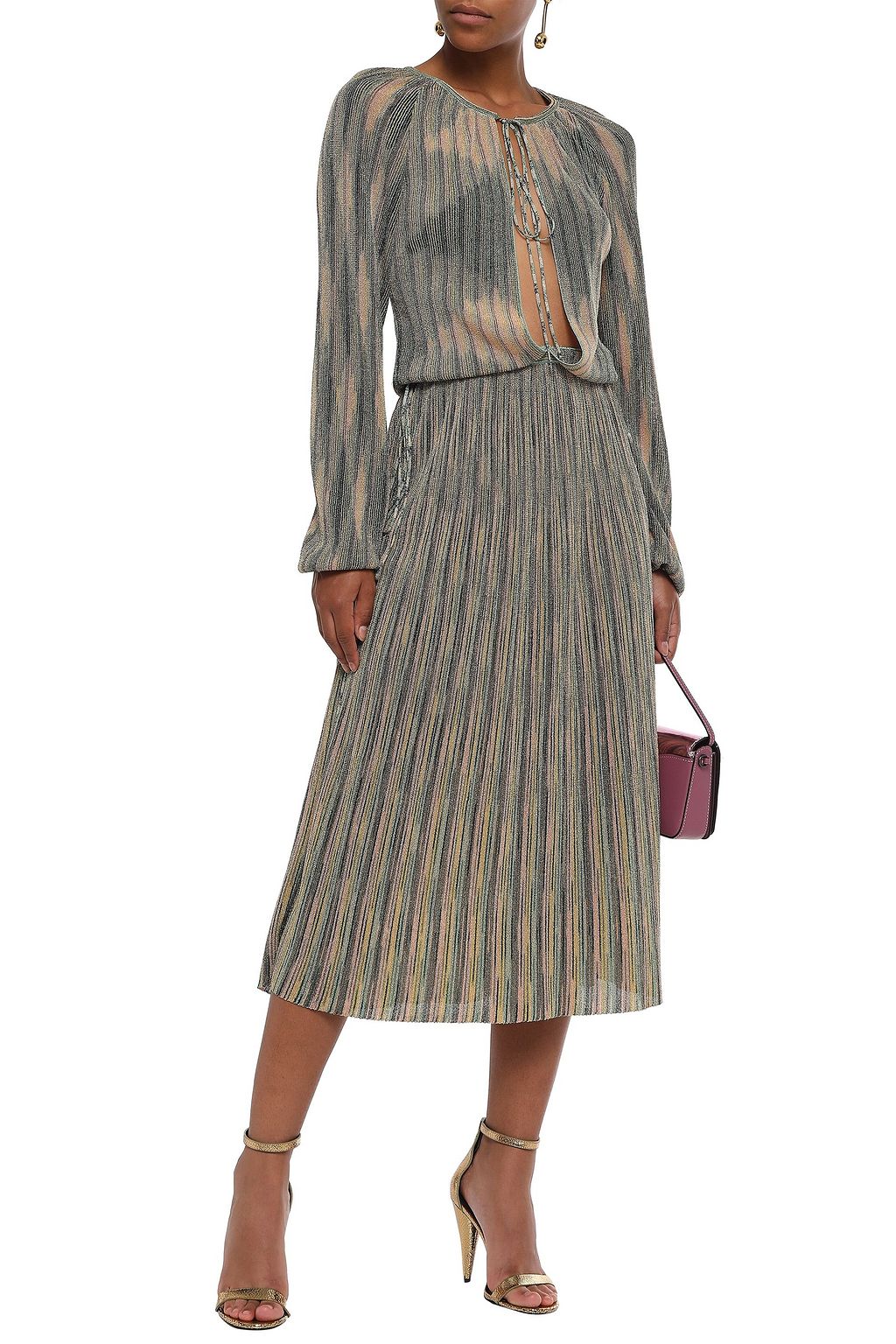 M MISSONI Bow-detailed metallic crochet-knit midi dress