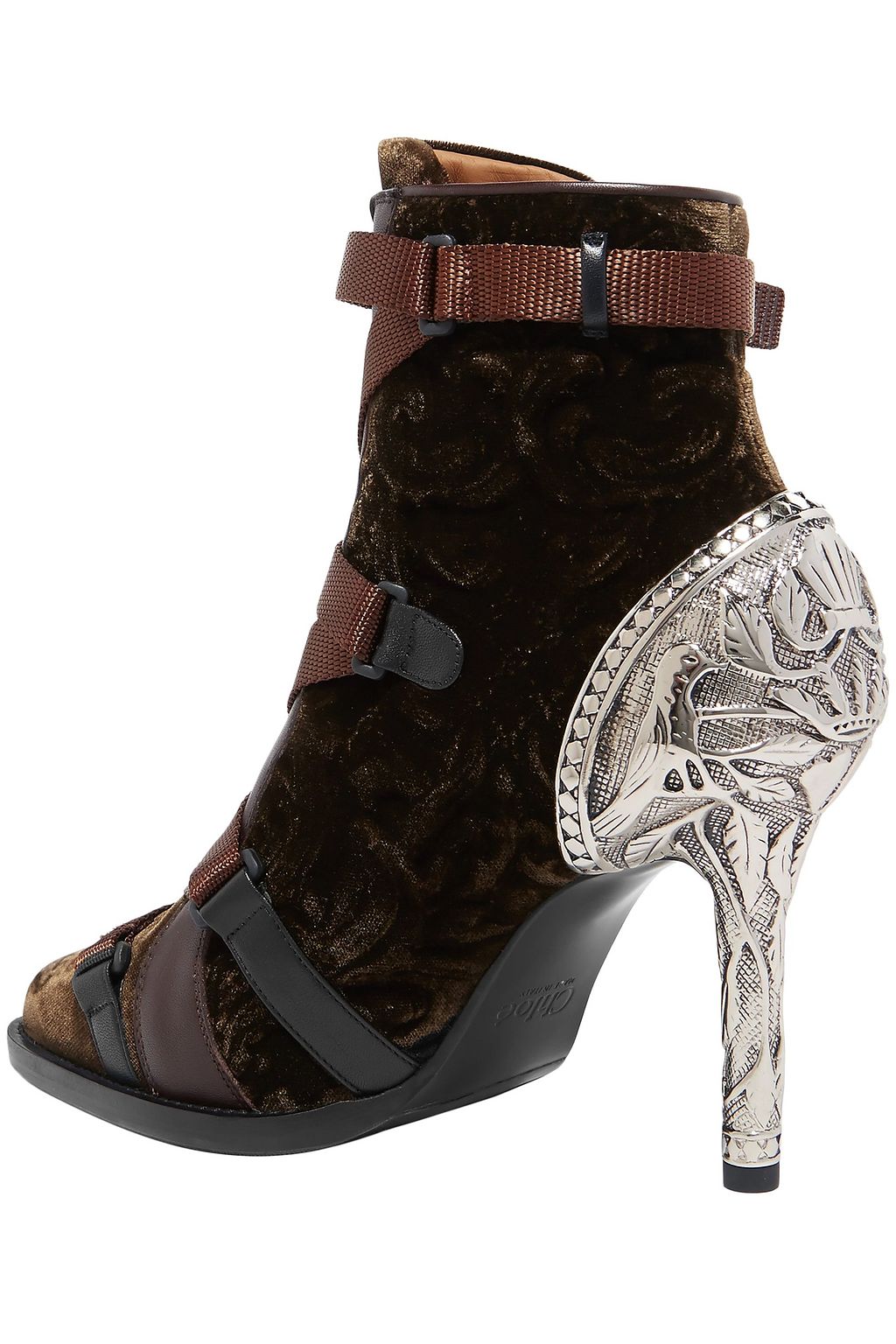 CHLOÉ Embossed silver tone-paneled lace-up velvet ankle boots