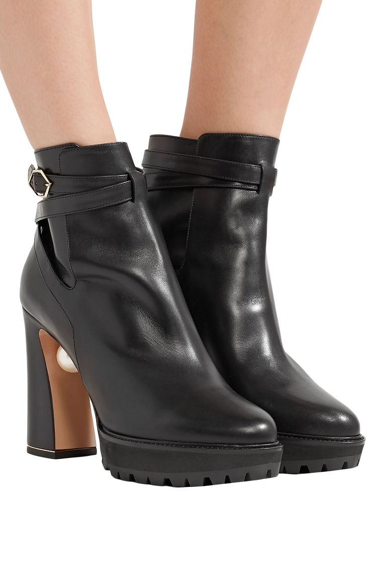 flatform leather ankle boots with faux pearl straps