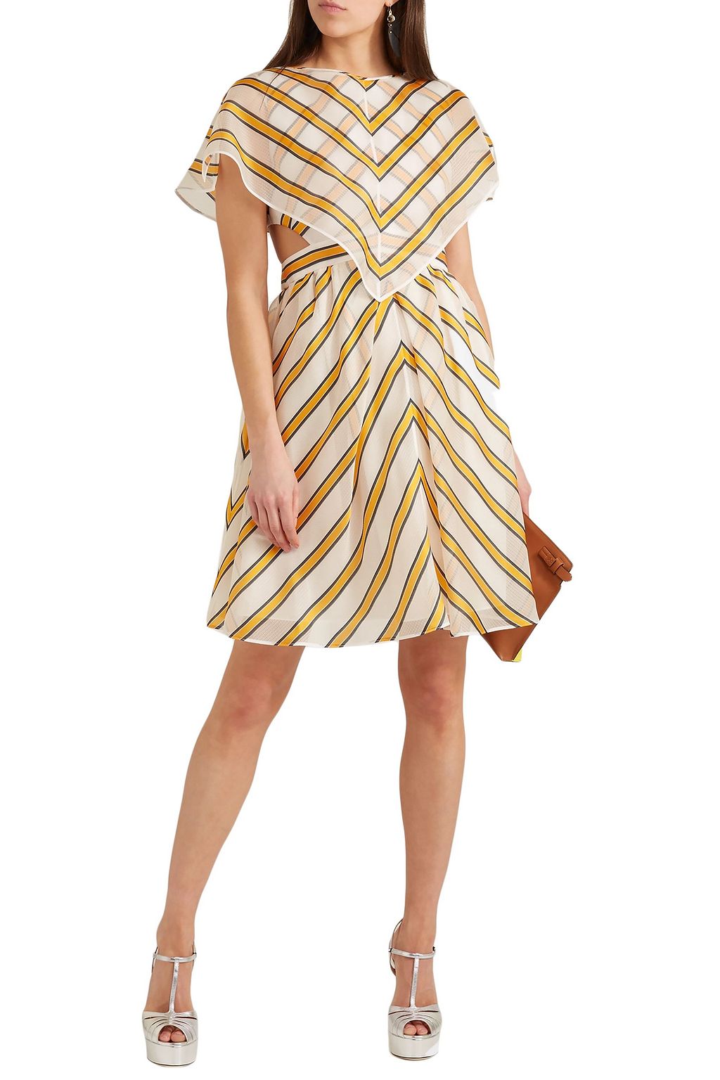 FENDI Cape-effect cutout striped silk-blend organza mini dress