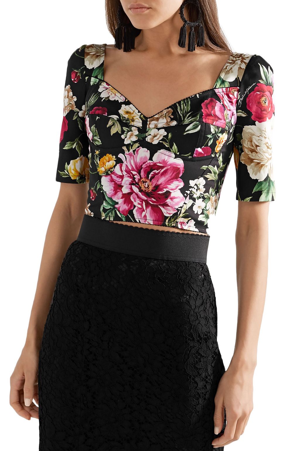 DOLCE&GABBANA Cropped floral-print cotton-blend twill top