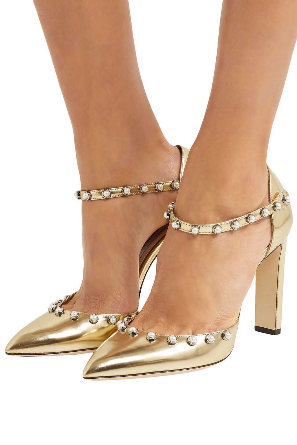 JIMMY CHOO Leema 100 faux pearl-embellished metallic leather pumps