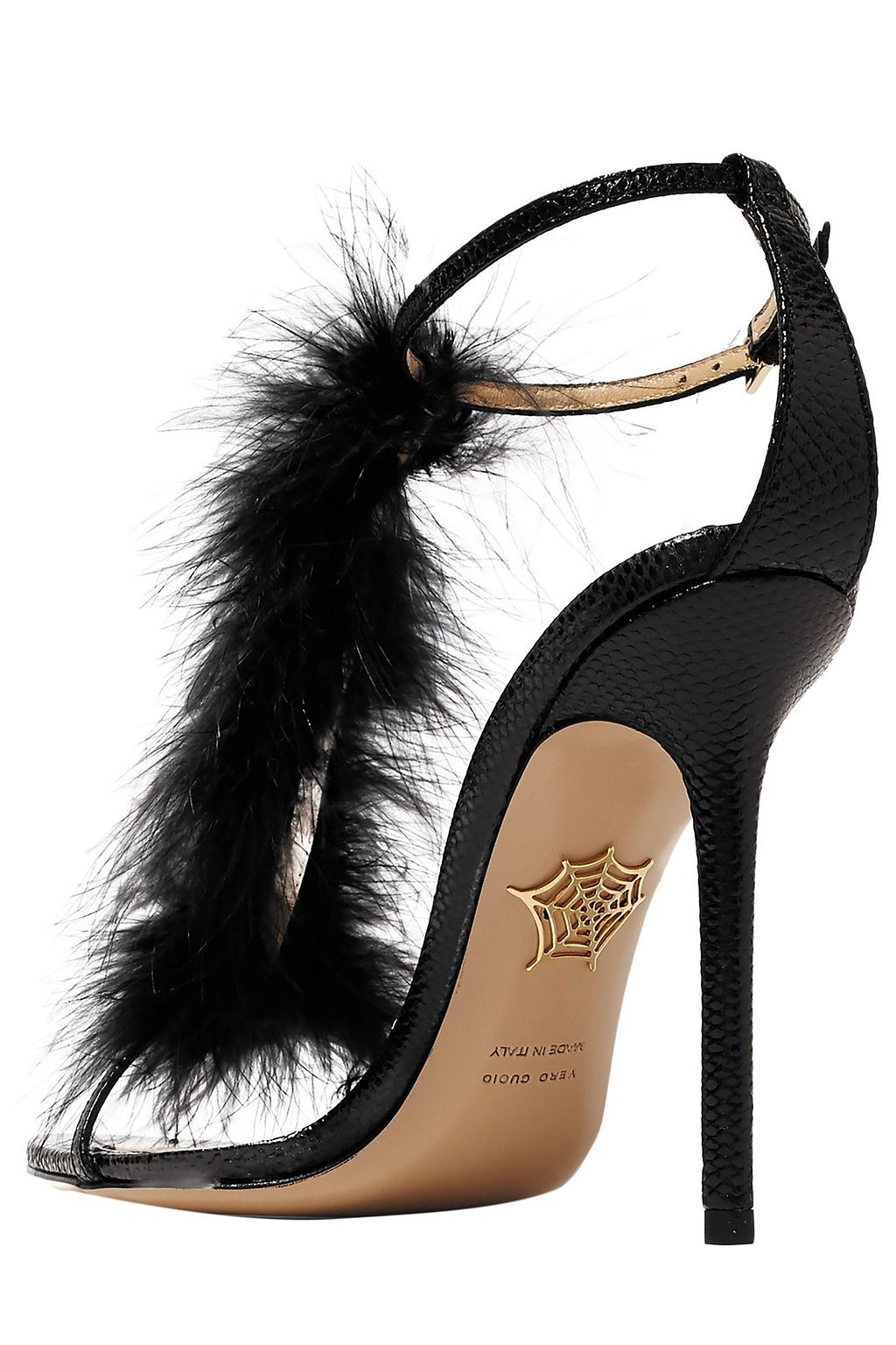 CHARLOTTE OLYMPIA Provocateur feather-trimmed snake sandals