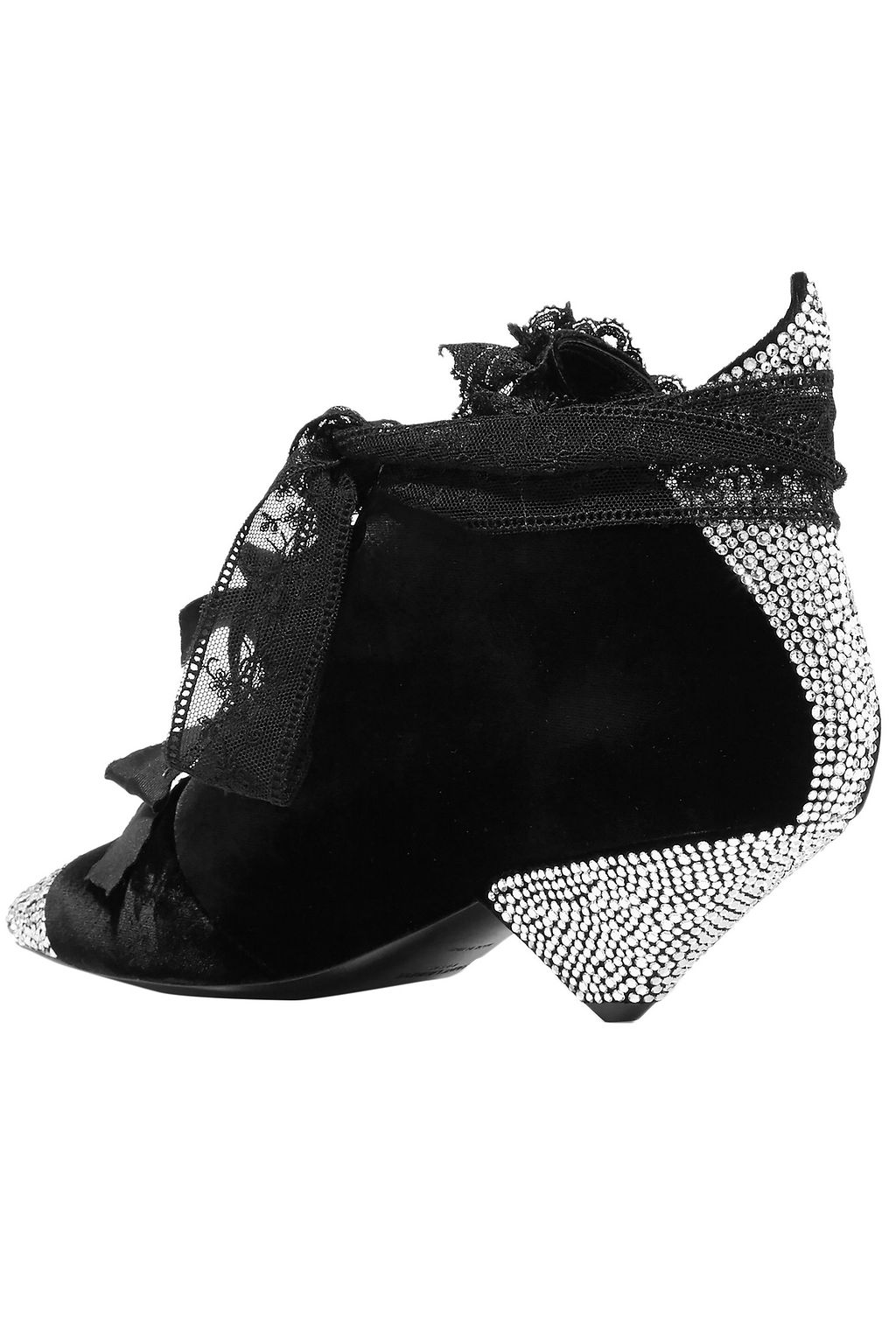 SAINT LAURENT Blaze crystal-embellished lace-trimmed velvet ankle boots