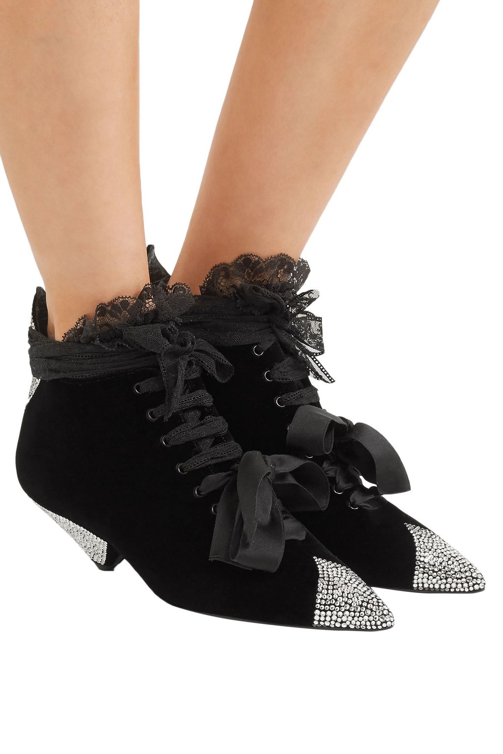 SAINT LAURENT Blaze crystal-embellished lace-trimmed velvet ankle boots