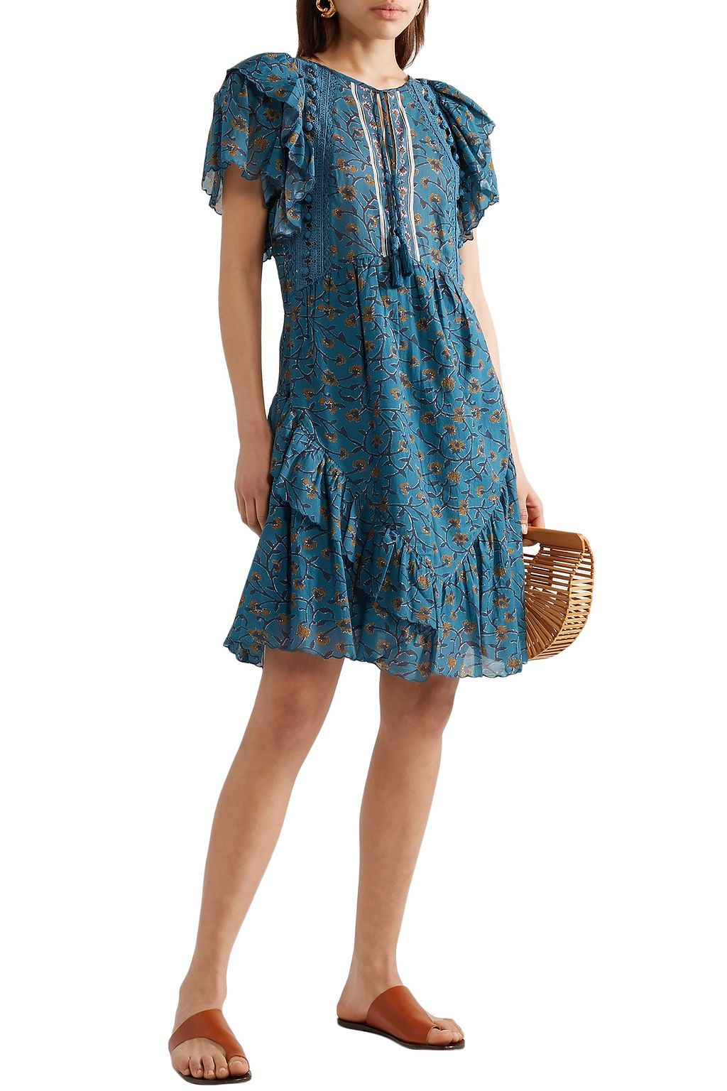 SEA Crochet and pom pom-trimmed cotton-blend gauze mini dress