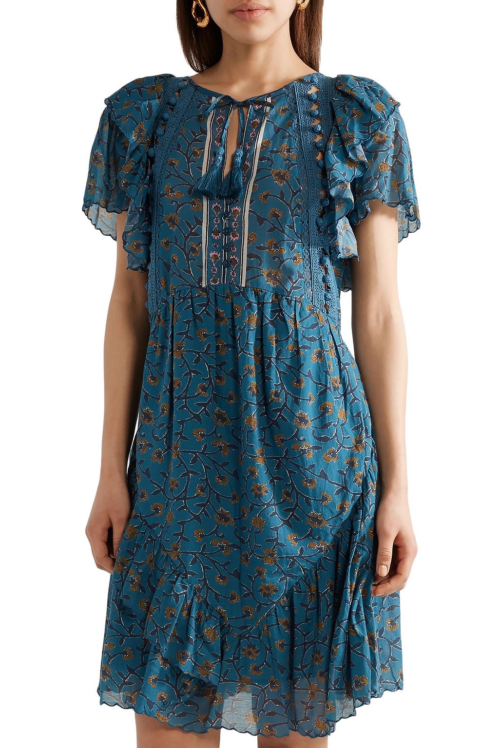 SEA Crochet and pom pom-trimmed cotton-blend gauze mini dress